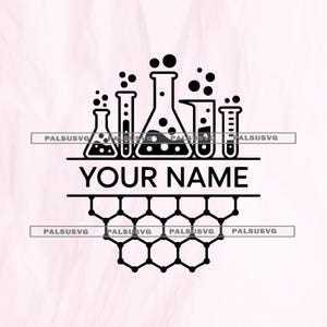 May include: Black and white graphic featuring laboratory glassware, including beakers and flasks, with bubbles. The text "YOUR NAME" is below the glassware, above a honeycomb-like structure. The design is suitable for science enthusiasts.