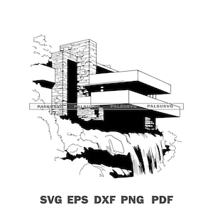 Könnte beinhalten: Schwarz-Weiß-Architekturillustration eines Gebäudes über einem Wasserfall. Das Design zeigt geschichtete rechteckige Strukturen und eine Steinfassade. Das Bild enthält den Text "SVG EPS DXF PNG PDF".