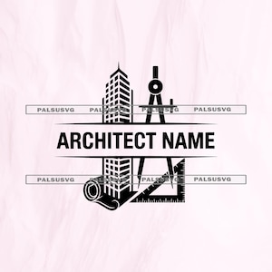 Puede incluir: Logotipo de arquitectura en blanco y negro con un rascacielos, un compás de dibujo y un plano enrollado. El texto "ARCHITECT NAME" está centrado. Adecuado para estudios de arquitectura o negocios relacionados.