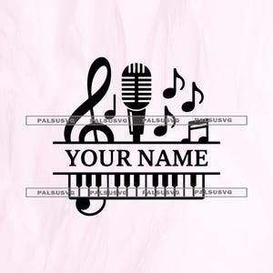 May include: Black musical design featuring a treble clef, microphone, musical notes, and piano keys. The text "YOUR NAME" is centered below the microphone. A creative design for music lovers.
