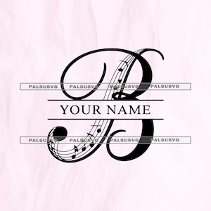 May include: A black graphic design featuring a large stylized letter B with integrated musical staff lines and notes. The letter is split horizontally by two parallel lines with the text YOUR NAME centered between them. The design includes PALSUSVG text.