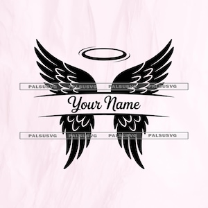 May include: Black angel wings design with a halo above and a horizontal banner with the text "Your Name". The wings are detailed with feather patterns. The design is suitable for personalized items.