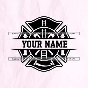 May include: Black and white firefighter emblem with the text "YOUR NAME" in the center. The emblem features a Maltese cross design with axes, ladders, and other firefighting tools. The design is set against a light pink background.