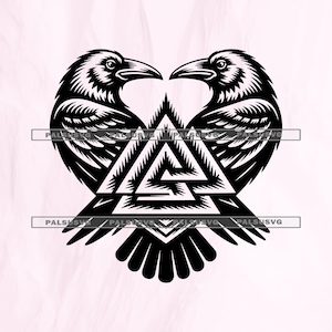 May include: A black and white graphic of two ravens facing each other, forming a heart shape. A triangular symbol is between them. The ravens have detailed feathers and beaks. The design is on a light pink background.