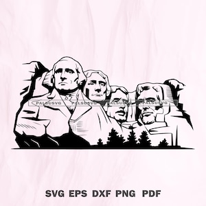 Puede incluir: Ilustración en blanco y negro del Monte Rushmore, con los rostros de cuatro presidentes estadounidenses. El texto "SVG EPS DXF PNG PDF" se encuentra en la parte inferior de la imagen. Estilo de dibujo lineal.