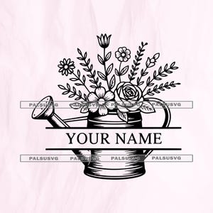 May include: Black and white line art of a watering can filled with flowers and foliage. The watering can has a section for personalization with the text "YOUR NAME". The floral arrangement includes daisies, roses, and other blooms.