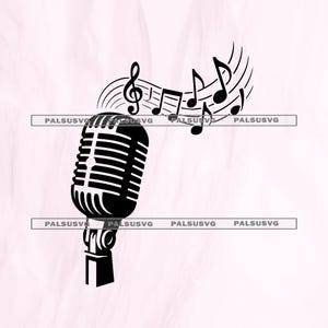 May include: Black and white illustration of a vintage microphone with musical notes and a treble clef. The microphone has a classic design with vertical lines, and the musical notes are stylized.