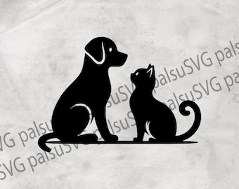 Hund und Katze Silhouette SVG, Haustier Vektor Clipart (Digitaler Download)