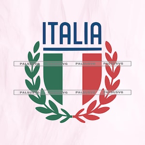 May include: A graphic design featuring the word "ITALIA" in blue, above a green, white, and red Italian flag design. The flag is framed by a laurel wreath in green and red.