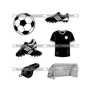 May include: Black and white illustration of soccer equipment. Includes a soccer ball, cleats, a jersey, a whistle, and a goal. The soccer ball has black pentagons and white hexagons. The cleats have white stripes. The jersey has a white emblem.