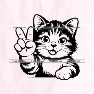 May include: Black and white illustration of a cat making a peace sign with its paw. The cat has large eyes and a smiling expression. The image is a vector graphic.
