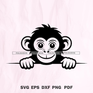 Puede incluir: Ilustración en blanco y negro de un mono sonriente asomándose por encima de una línea horizontal. El mono tiene ojos y orejas grandes, con el texto "PALSUSVG" repetido. También incluye el texto "SVG EPS DXF PNG PDF".