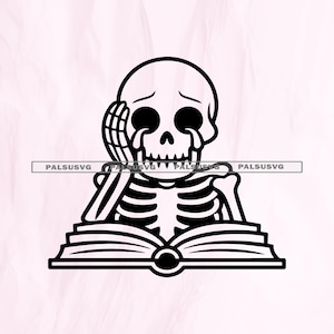 Może przedstawiać: Czarno-biała ilustracja szkieletu ze smutnym wyrazem twarzy, płaczącego i opierającego głowę na dłoni. Szkielet siedzi przed otwartą książką. Tekst "PALSUSVG" znajduje się na obrazie.