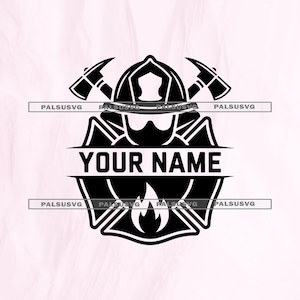 May include: Black and white firefighter emblem with a helmet, axes, and the text "YOUR NAME". A flame is centered at the bottom. The design is suitable for apparel, decals, or other personalized items.