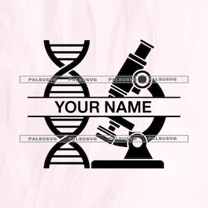 Può includere: Grafica in bianco e nero con un'elica a doppia elica del DNA e un microscopio. Il testo "YOUR NAME" è centrato tra le due immagini. Adatto per prodotti a tema scientifico.