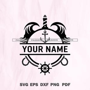 Può includere: Design nautico in bianco e nero con faro, ancora, onde e timone. Il testo "YOUR NAME" è visualizzato in grassetto, con opzioni di tipo di file sottostanti.