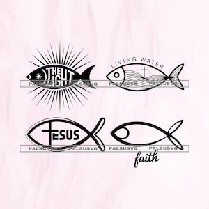 以下が含まれることがあります： 4つの黒いキリスト教の魚のデザイン。1匹の魚には太陽光線のある「THE LIGHT」という文字があります。もう1つは「LIVING WATER」と十字架があります。3つ目は「JESUS」と十字架があります。最後は「faith」という言葉です。