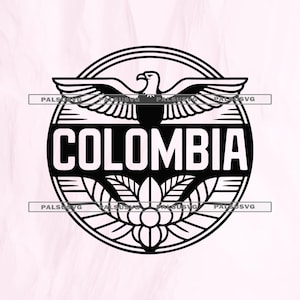 May include: Black and white circular emblem featuring the word "COLOMBIA" in bold letters. An eagle with outstretched wings is at the top, and a floral design is at the bottom. The design is set against a light pink background.