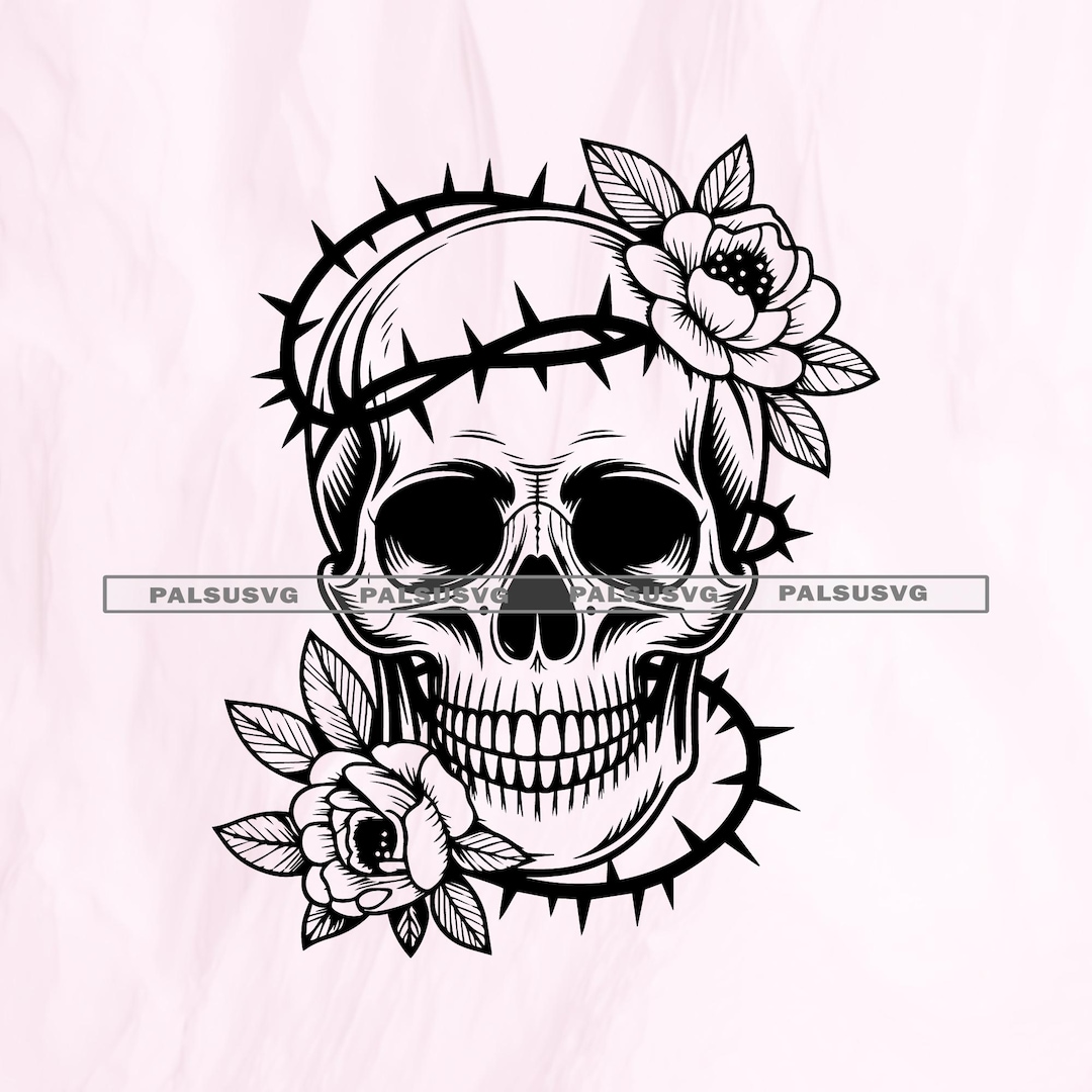 Skull and Roses Tattoo SVG, Gothic Dark Art Clipart (digital