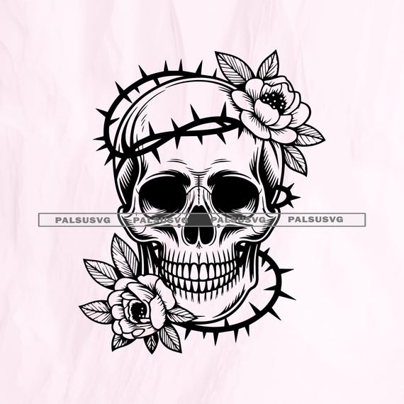Skull and Roses Tattoo SVG, Gothic Dark Art Clipart (digital