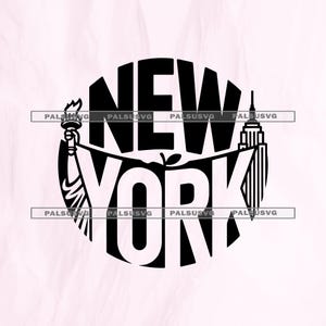 May include: A black and white graphic design with the text "NEW YORK" in a circular layout. The Statue of Liberty and the Empire State Building are integrated into the design, set against a light pink backdrop.