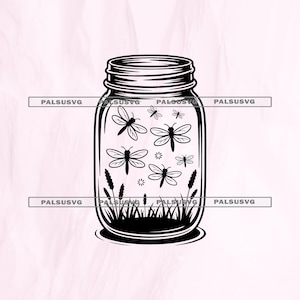 May include: Black and white illustration of a mason jar with a screw-on lid. Inside the jar are several dragonflies, blades of grass, and small flowers. The jar is set against a light pink background.