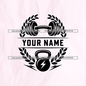 May include: Black and white fitness logo with a barbell and kettlebell, framed by laurel wreaths. The text "YOUR NAME" is centered between the barbell and kettlebell. A lightning bolt is on the kettlebell.