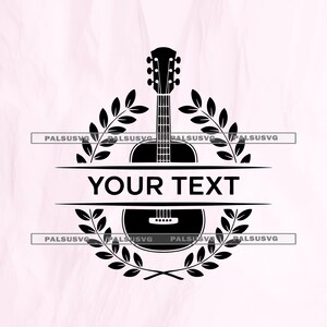 以下が含まれることがあります： 「YOUR TEXT」の文字が入った、白黒のギターロゴ。ギターは中央に配置され、月桂樹のリースで囲まれています。背景は、薄いピンク色のテクスチャ加工された紙です。