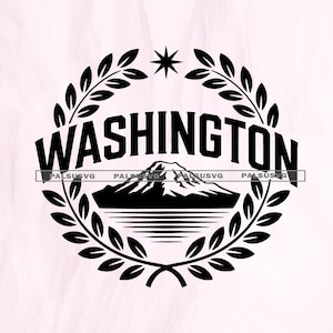 Può includere: Design grafico in bianco e nero con la scritta "WASHINGTON" sopra una catena montuosa e acqua, racchiusa da una corona d'alloro. Una stella è in cima. Il design è su uno sfondo rosa chiaro.