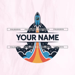 May include: A blue rocket ship graphic with the text "YOUR NAME" in a bold font. The rocket is ascending from a stylized flame with orange, yellow, and red colors. The design includes stars and a dark blue background.