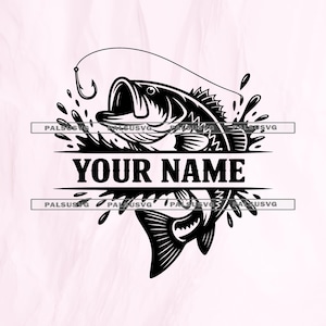 Pode incluir: Gráfico a preto e branco de um achigã saltando para fora da água com um anzol e uma linha de pesca. O texto "YOUR NAME" está centrado abaixo, perfeito para artigos de pesca personalizados.
