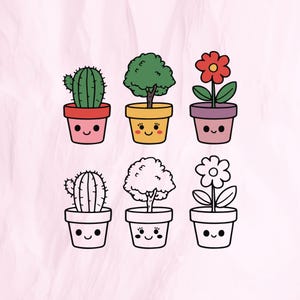 May include: Six potted plants with happy faces. The plants include a cactus, a bush, a flower, and three more in black and white.