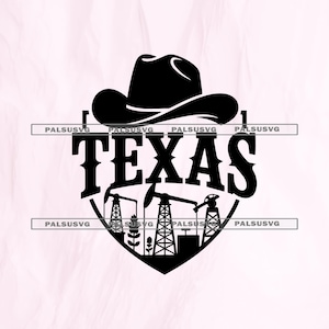 May include: Black and white Texas-themed graphic featuring a cowboy hat above the word "TEXAS" in bold letters. Below, a shield shape contains oil derricks and other industrial elements, representing the state's industry.