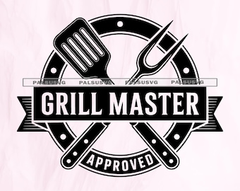 May include: Black and white graphic featuring grilling tools: a spatula, fork, and knives, arranged around a circular emblem. The text "GRILL MASTER" is displayed prominently, with "APPROVED" below. The design is set against a light pink background.