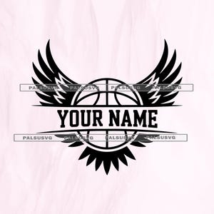 May include: Black and white basketball-themed graphic with wings and the text "YOUR NAME" in a bold font. The design includes a basketball in the center, with wings extending upwards and a stylized design below.