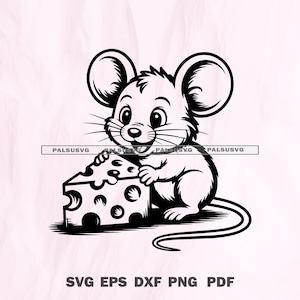 Op de afbeelding: Zwart-wit cartoon illustratie van een muis die een stuk Zwitserse kaas vasthoudt. De muis heeft grote oren, snorharen en een lange staart. De afbeelding bevat de tekst "SVG EPS DXF PNG PDF".