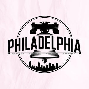 May include: Black and white Philadelphia city logo featuring the Liberty Bell, the city skyline, and the word "PHILADELPHIA" in bold letters. The design is enclosed in a circular frame.