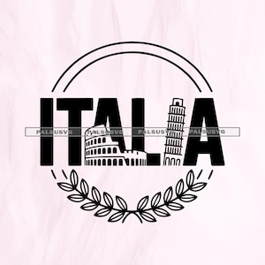 May include: Black and white graphic of the word "ITALIA" with the Colosseum and Leaning Tower of Pisa. The design is encircled by a laurel wreath and a double arc, set against a light pink background.