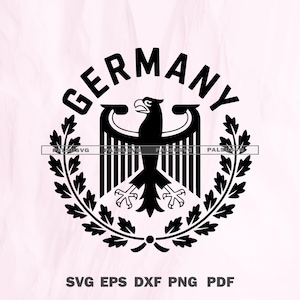 Pode incluir: Gráfico a preto e branco do brasão de armas alemão, apresentando uma águia dentro de uma coroa, circundada pela palavra "GERMANY". Abaixo, a imagem lista os formatos de arquivo: SVG EPS DXF PNG PDF.