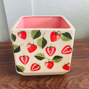 May include: A square ceramic planter with a cream-colored exterior featuring a repeating pattern of red strawberries and green leaves. The interior of the planter is finished in a solid light pink glaze, providing a contrast to the exterior design.