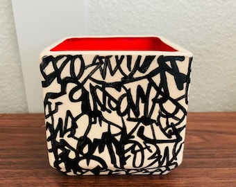 Ceramic Plant Pot, Square Planter, Graffiti