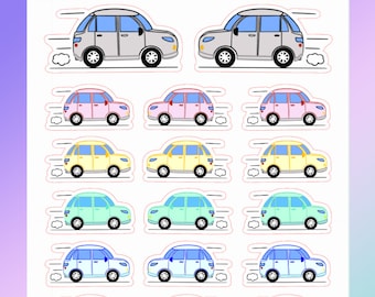May include: Sheet of stickers featuring cartoon cars in various colors: gray, pink, yellow, teal, blue, and silver. Each car has a white outline and is depicted with motion lines. The text "Paper Secrets Ink" and "Travelling by Car" are also present.