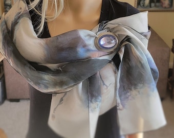 Designer long silk scarf: "White snow expressions".