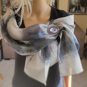 Silk scarf: &quot;White snow expressions&quot; with images of Elena Eros painting on. 72&#39;&#39;x 16&#39;&#39;