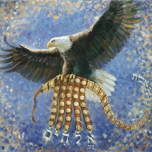 May include: An oil painting depicts a bald eagle with outstretched wings perched on a brown leather object adorned with gold-colored studs and rectangular accents. The background is a textured blue with gold and white accents.
