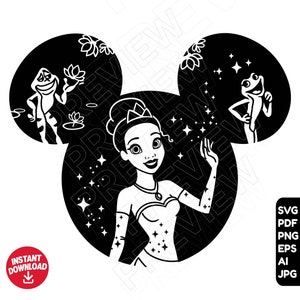 Tiana SVG princesse et la grenouille, princesse SVG png clipart disneyland cricut coupe fichier contour silhouette