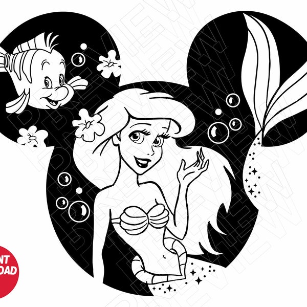 Princess SVG png clipart , Ariel mermaid cut file outline silouette