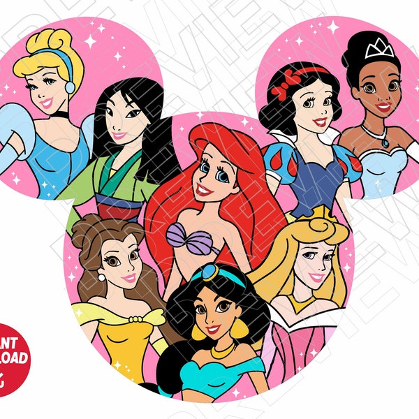 Princess SVG princesses Ariel Belle Aurora Jasmine Cinderella Mulan Snow White Tiana , Disneyland svg png , cut file layered by color