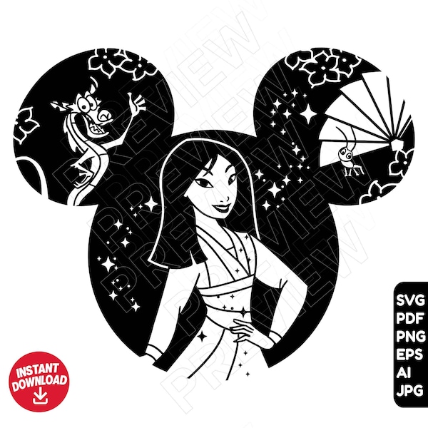 Mulan SVG princess Disneylandd ears clipart vector file ouline silhouette , princesses svg