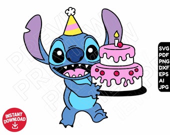 Stitch Birthday SVG dxf png clipart , cut file layered by color -   España